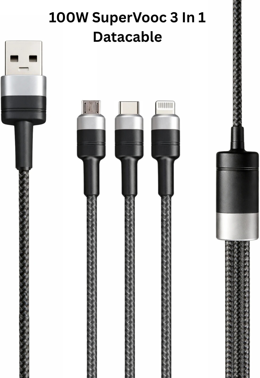Sulania Orignal 100W 1 Meter SuperVooc 3 In 1 USB Type A to Micro USB, Type C & Lightning Datacable