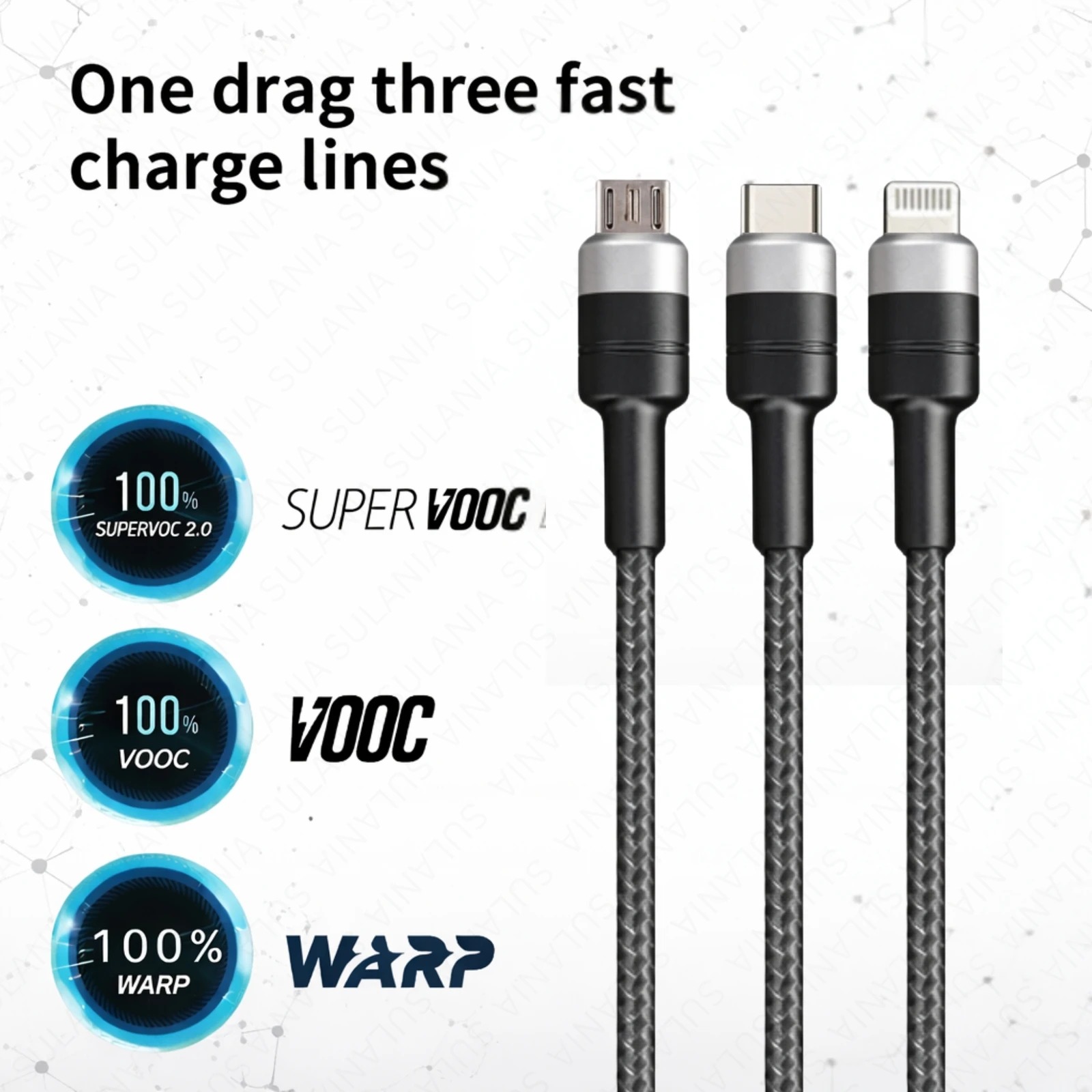 Sulania Orignal 100W 1 Meter SuperVooc 3 In 1 USB Type A to Micro USB, Type C & Lightning Datacable - Image 3