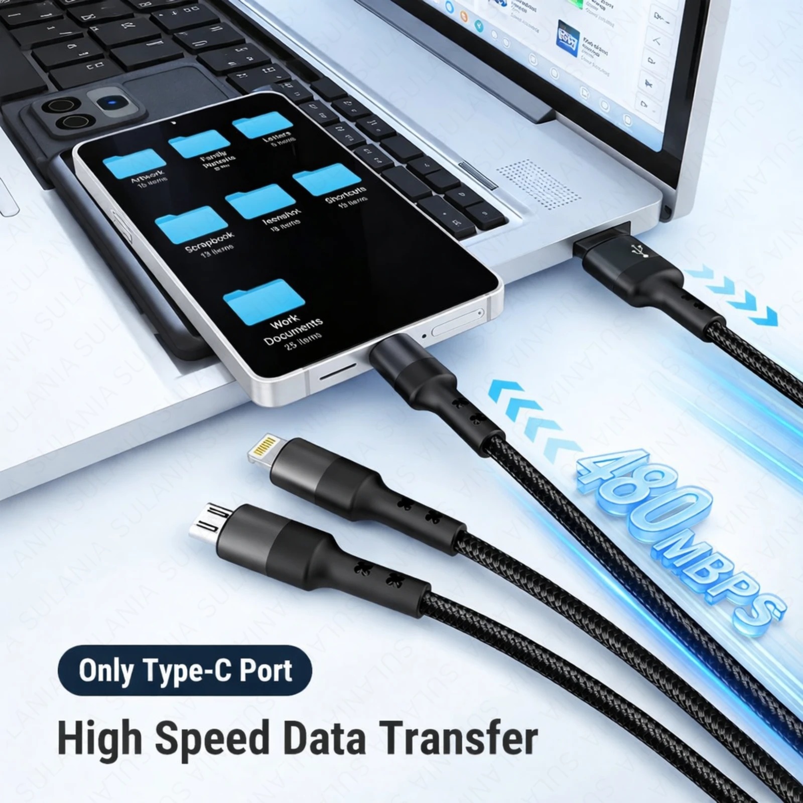 Sulania Orignal 100W 1 Meter SuperVooc 3 In 1 USB Type A to Micro USB, Type C & Lightning Datacable - Image 4