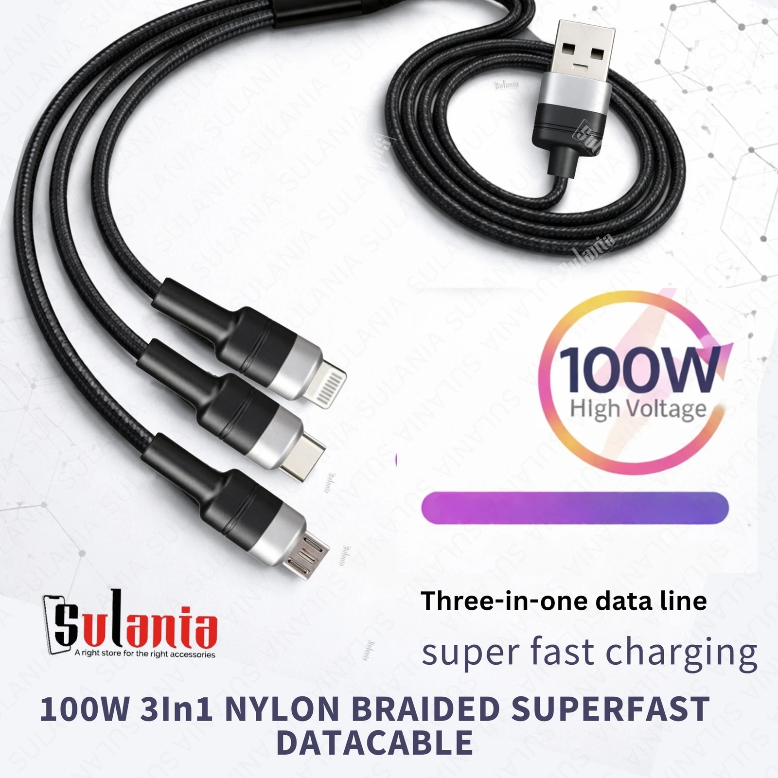 Sulania Orignal 100W 1 Meter SuperVooc 3 In 1 USB Type A to Micro USB, Type C & Lightning Datacable - Image 5