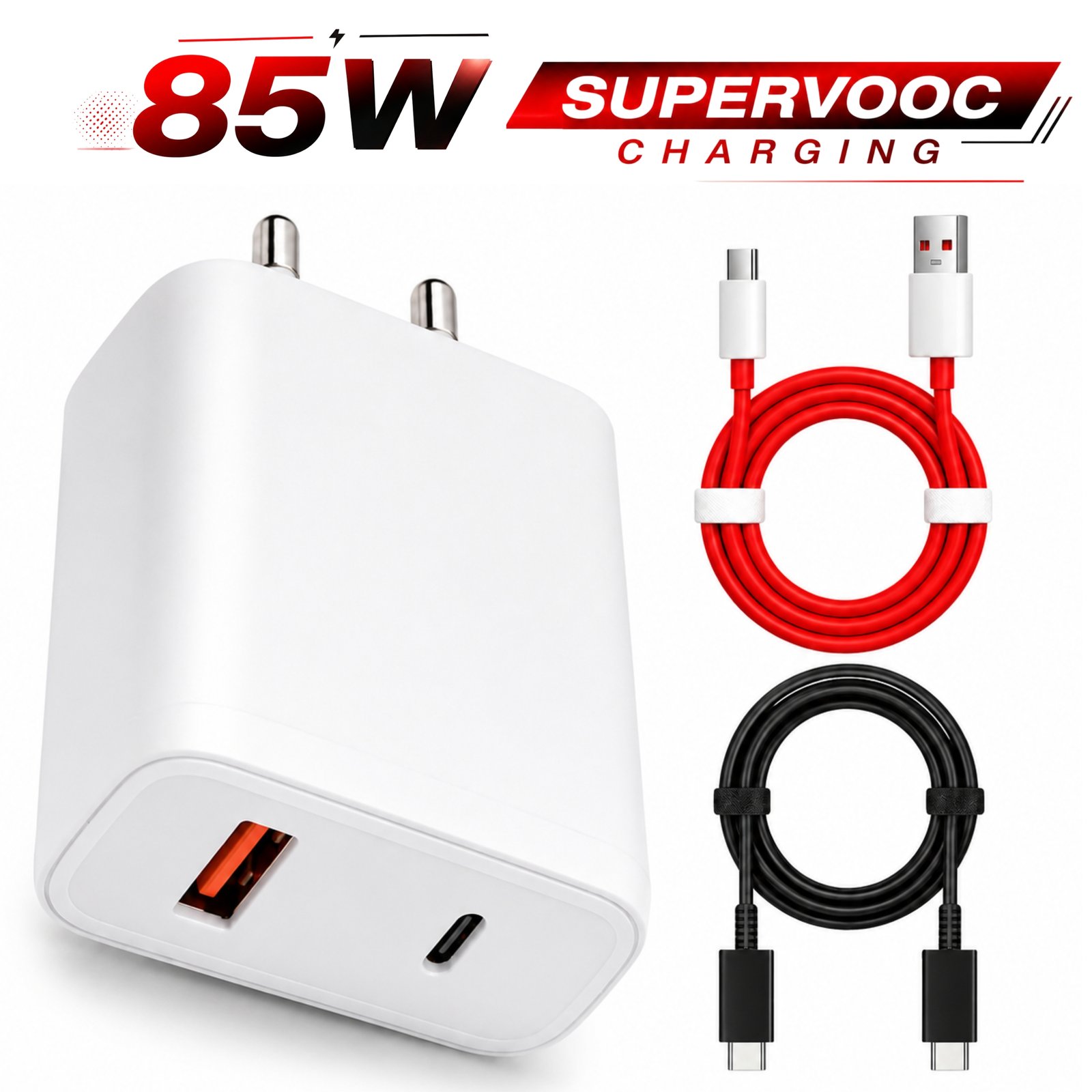 Sulania 85W SuperVooc Charger With 2 Datacable (Type C to Type C & USB Type A to Type C)
