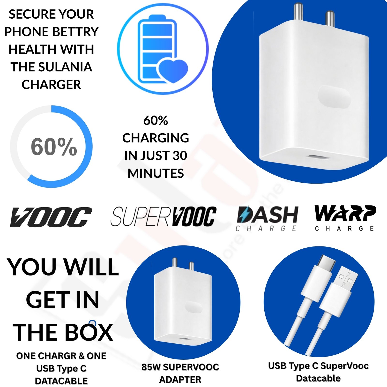 Sulania 85W SuperVooc Charger With USB Type A to Type C Datacable - Image 2