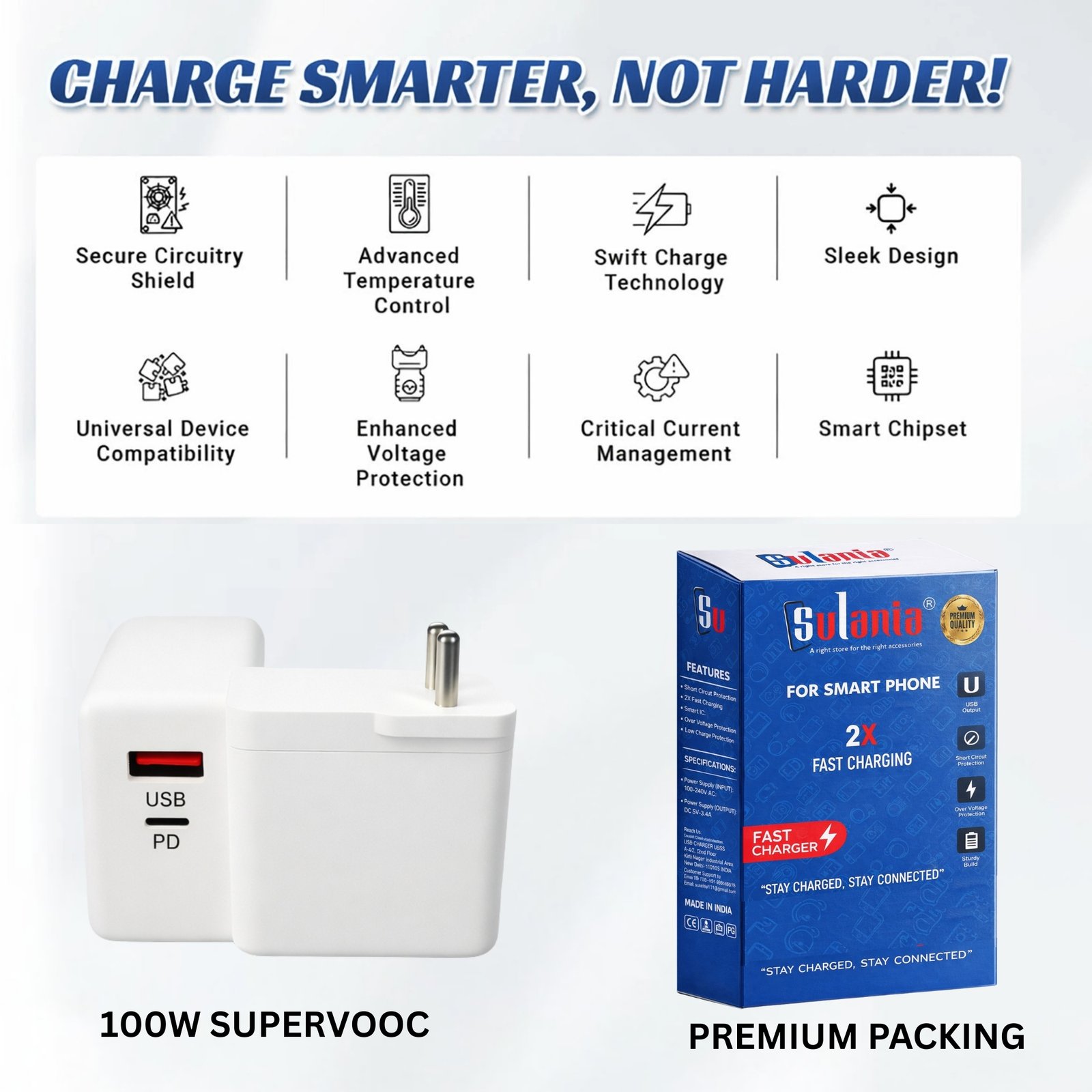 Sulania 100W SuperVooc Charger With 2 Datacable (Type C to Type C & USB Type A to Type C) - Image 3