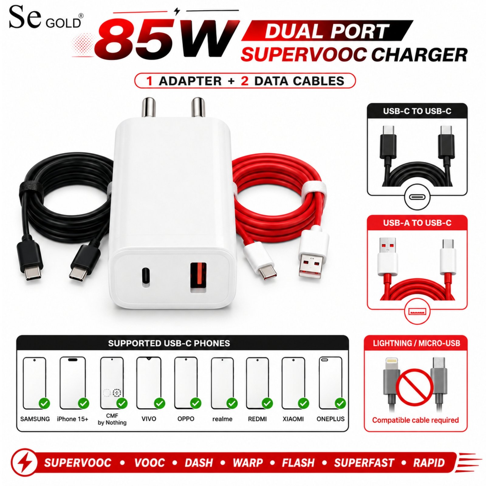 Sulania 85W SuperVooc Charger With 2 Datacable (Type C to Type C & USB Type A to Type C) - Image 2