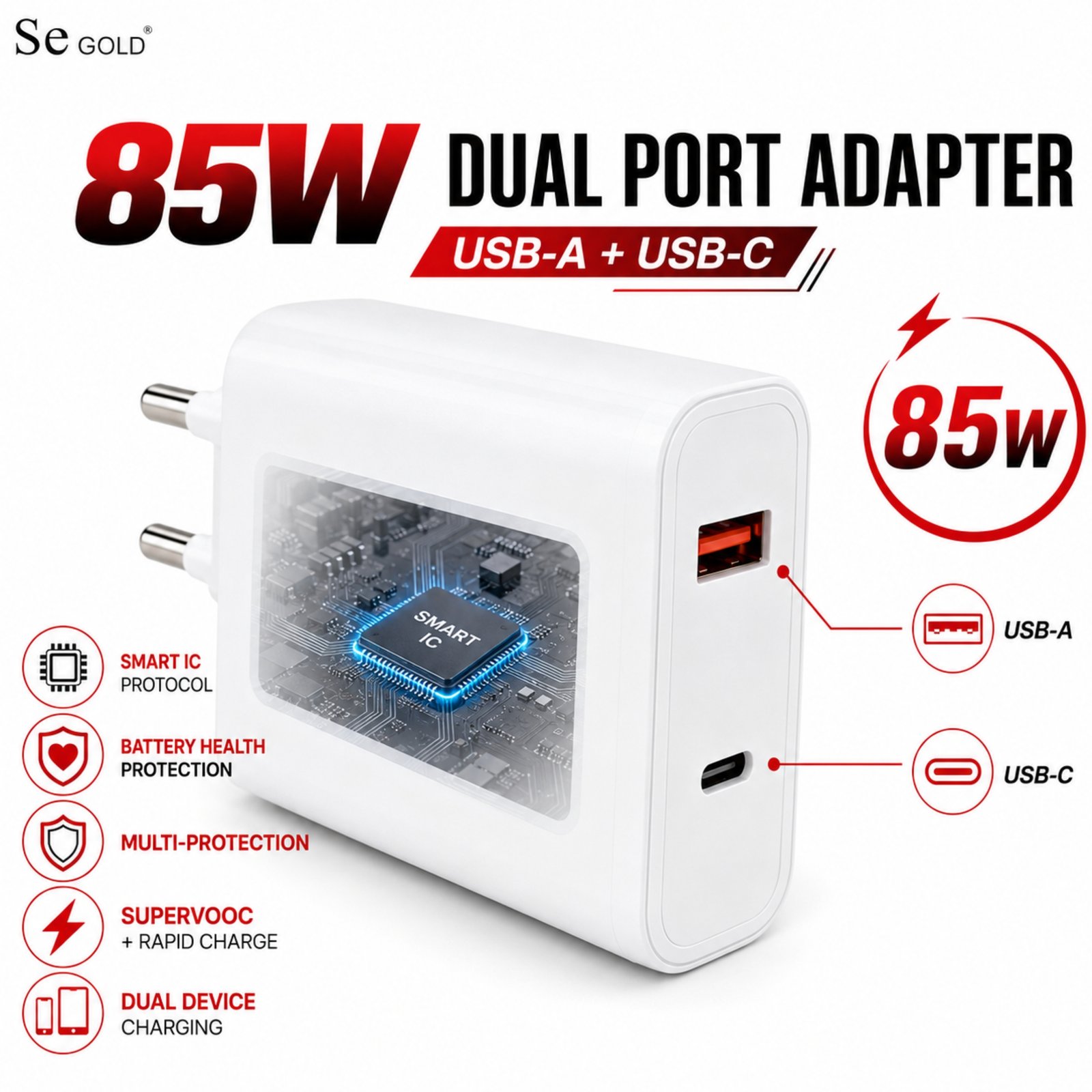 Sulania 85W SuperVooc Charger With 2 Datacable (Type C to Type C & USB Type A to Type C) - Image 5