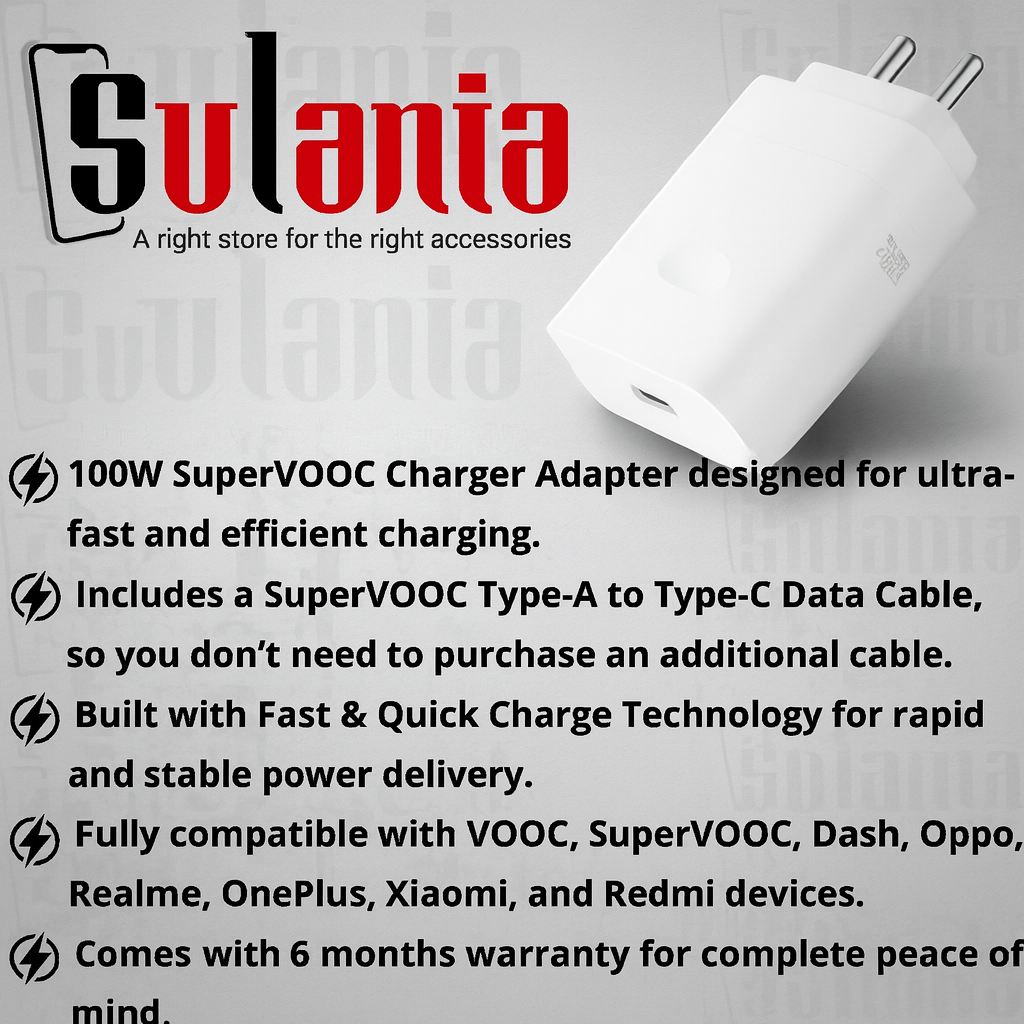 Sulania 100W SuperVooc Charger With USB Type A to Type C Datacable - Image 2