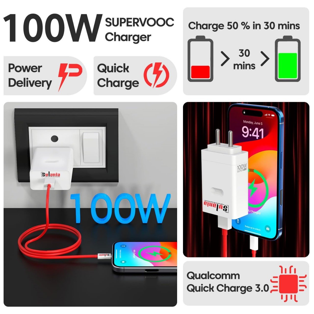 Sulania 100W SuperVooc Charger With USB Type A to Type C Datacable - Image 6