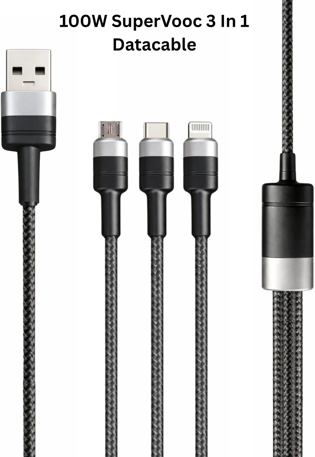 Sulania 100W 1 Meter SuperVooc 3 In 1 USB Type A to Micro USB, Type C & Lightning Datacable