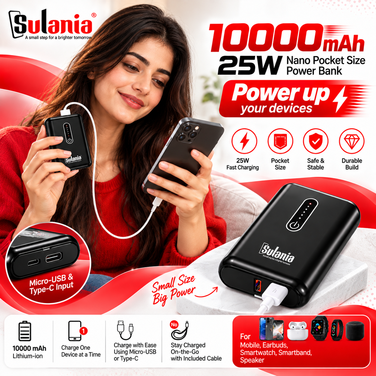 Sulania 10000mAh 25W Nano Pocket Power Bank with PD & Quick Charge – Black - Image 4