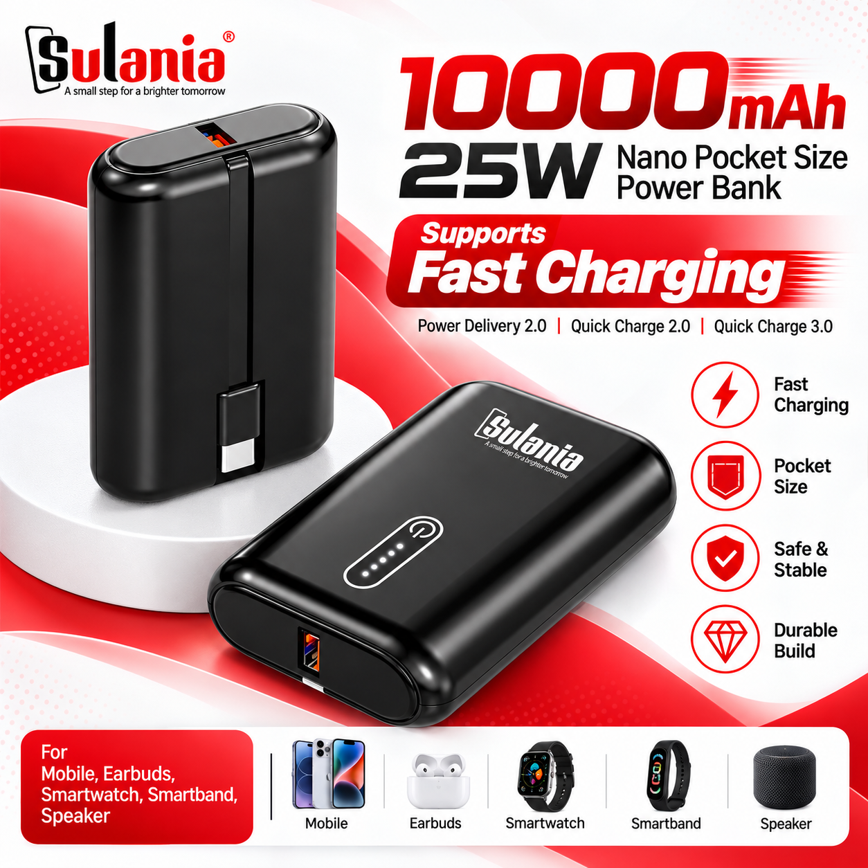 Sulania 10000mAh 25W Nano Pocket Power Bank with PD & Quick Charge – Black - Image 2