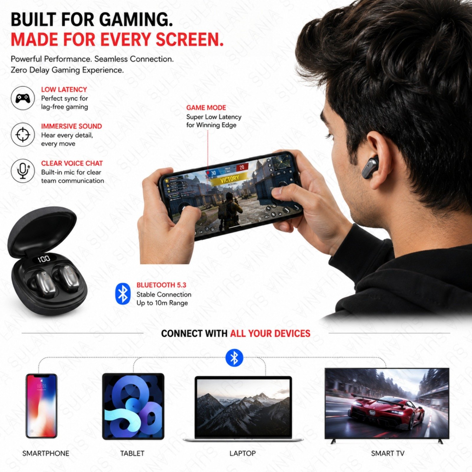 Sulania Sullbuds01 True Wireless Earbuds (TWS) with 48H Playtime, LED Digital Battery Display, 10mm Bass Drivers & Low Latency Gaming Mode (Black) - Image 3