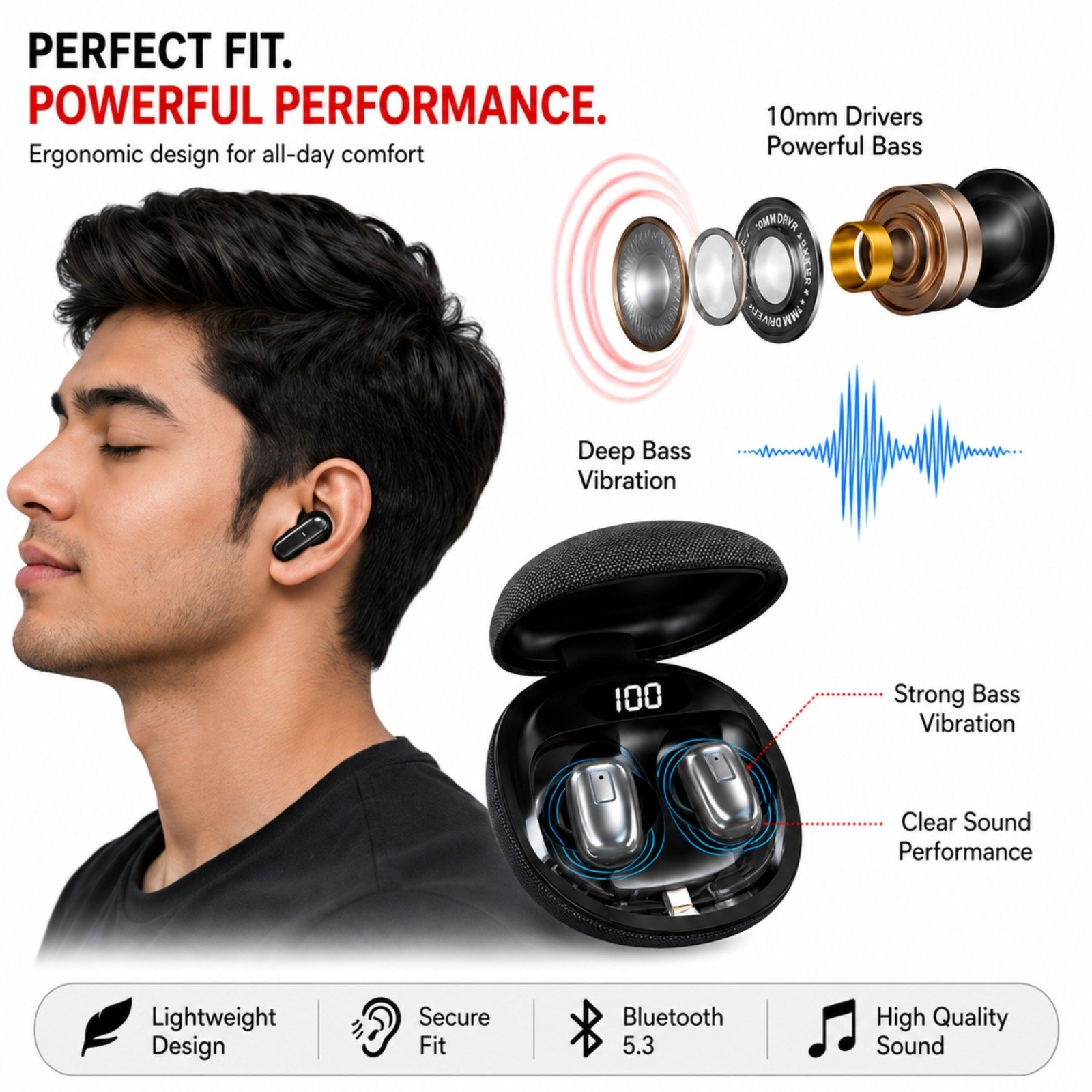 Sulania Sullbuds01 True Wireless Earbuds (TWS) with 48H Playtime, LED Digital Battery Display, 10mm Bass Drivers & Low Latency Gaming Mode (Black) - Image 5